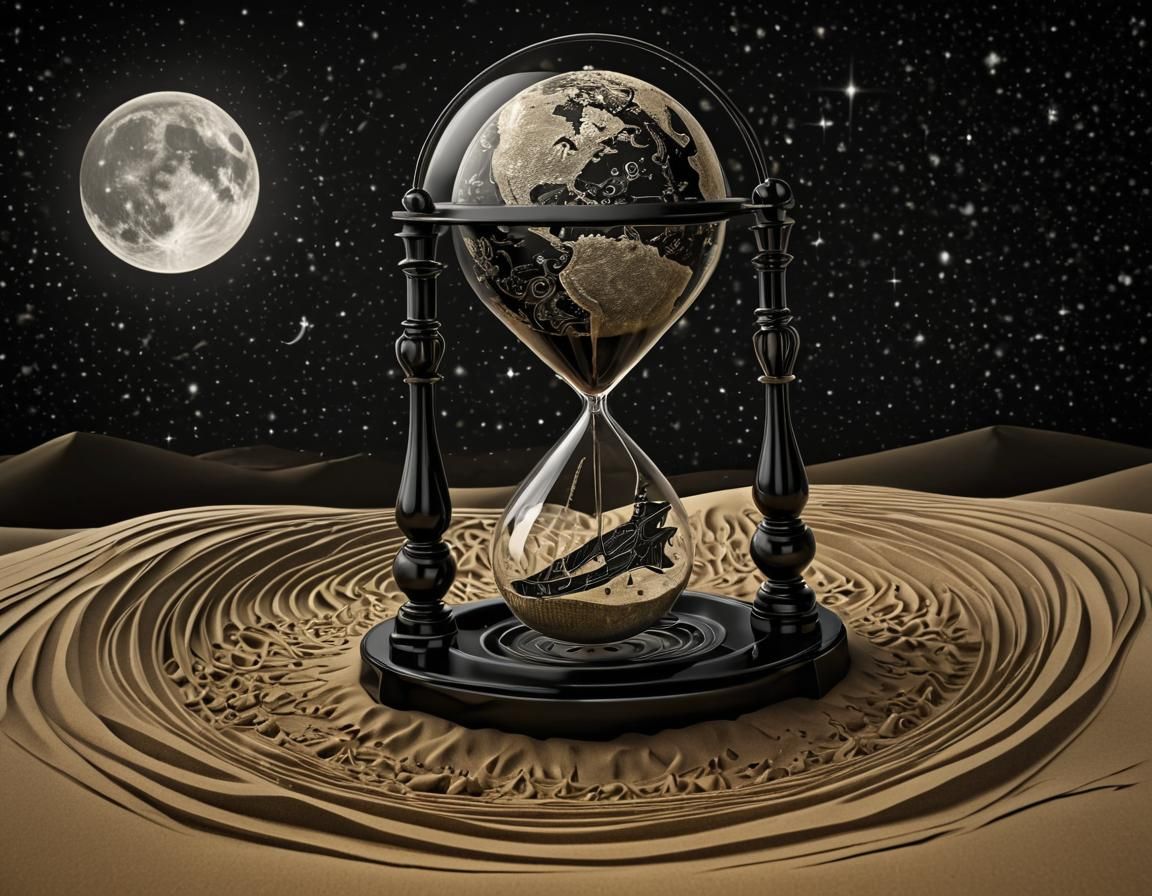 Hourglass Containing Earth and Moon with Distant Ship