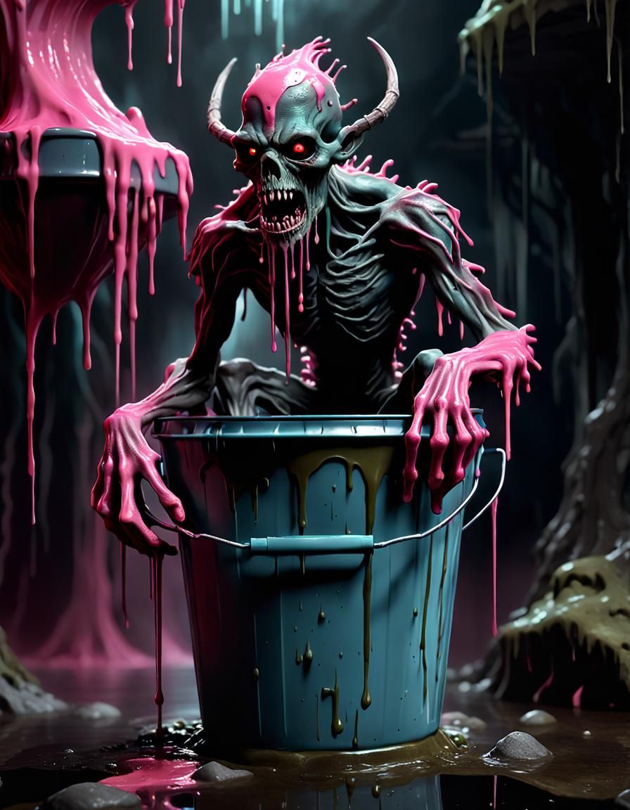 Slime-Dripping Wendigo in Bucket: Dark Fantasy Art