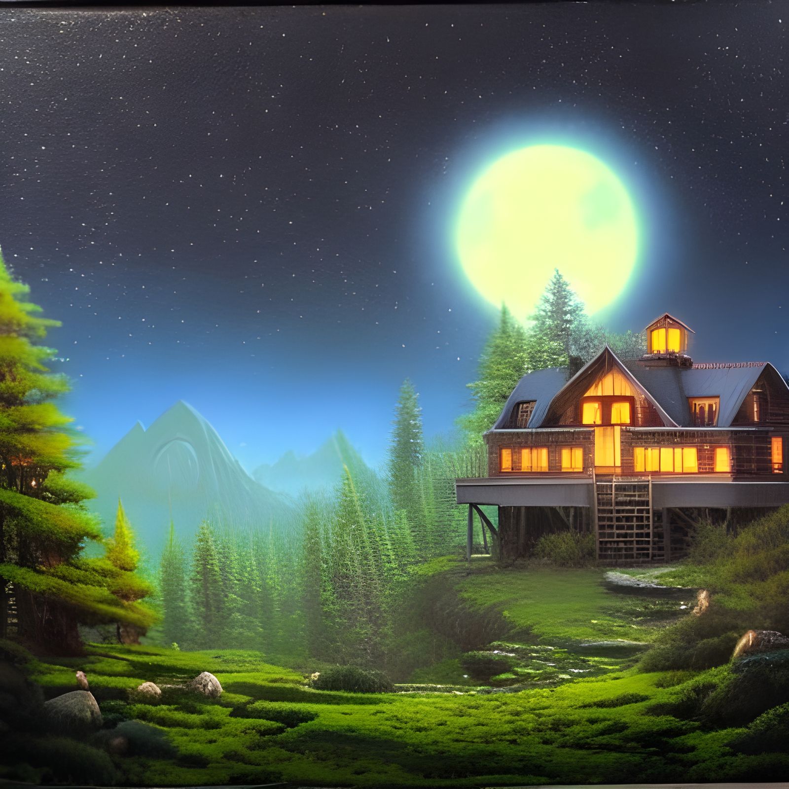 Magical House in Forest Under Starry Moonlight
