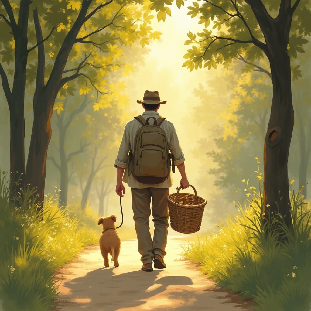 Man Walking Back to Home in Warm Sunlight with Puppy
