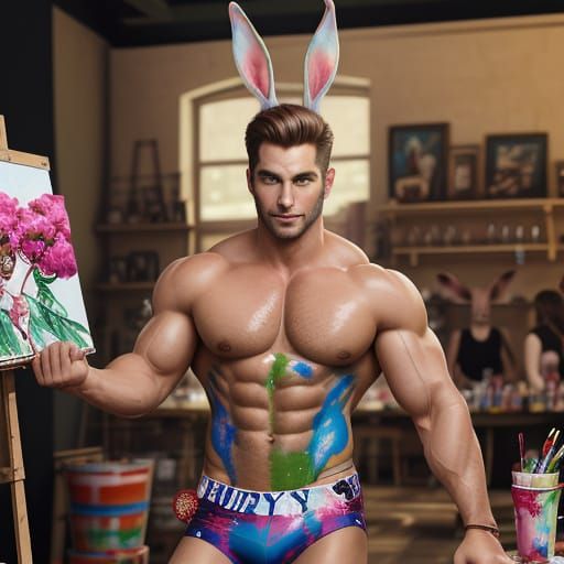 A hunky human male Playgirl Bunny with bunny ears, running a paint 'n sip studio with lots of beefcakes and colorful dre...