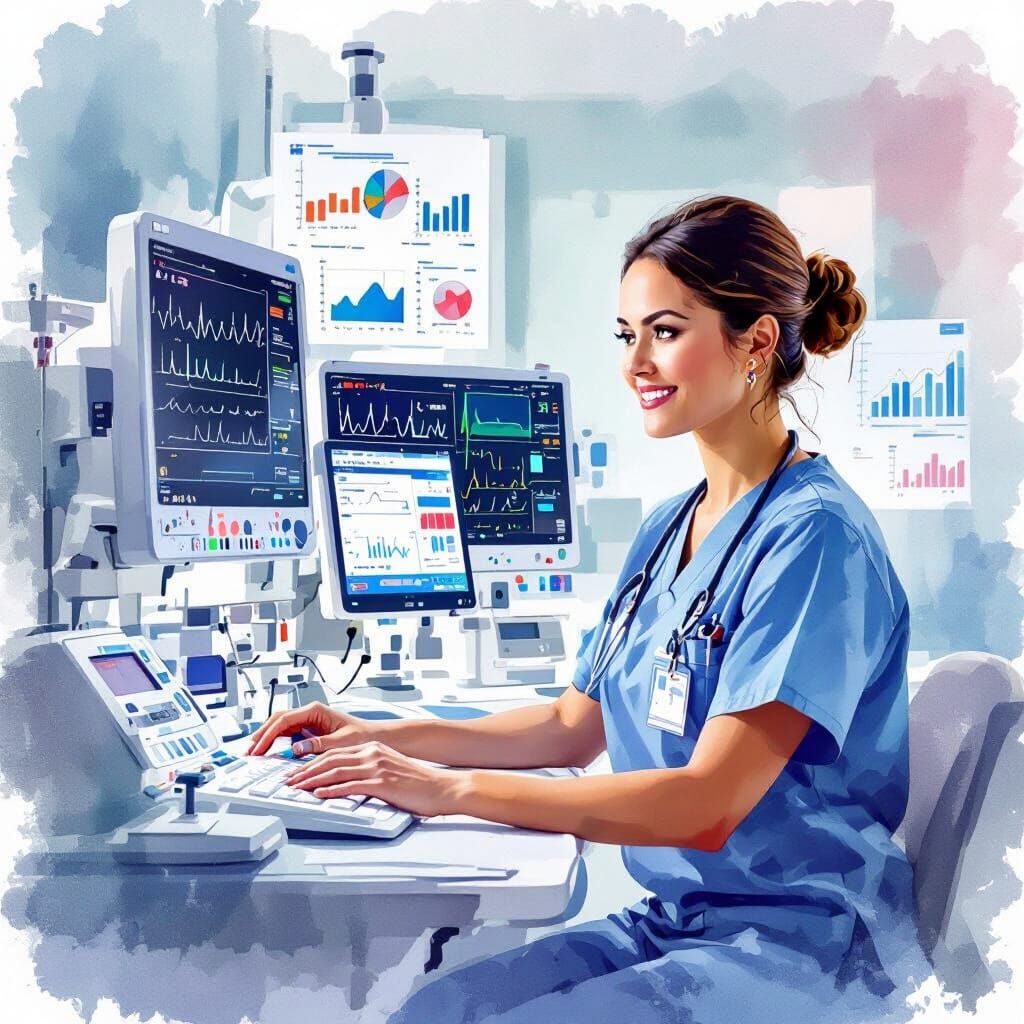 Confident Nurse Operating Medical Equipment in Watercolor St...