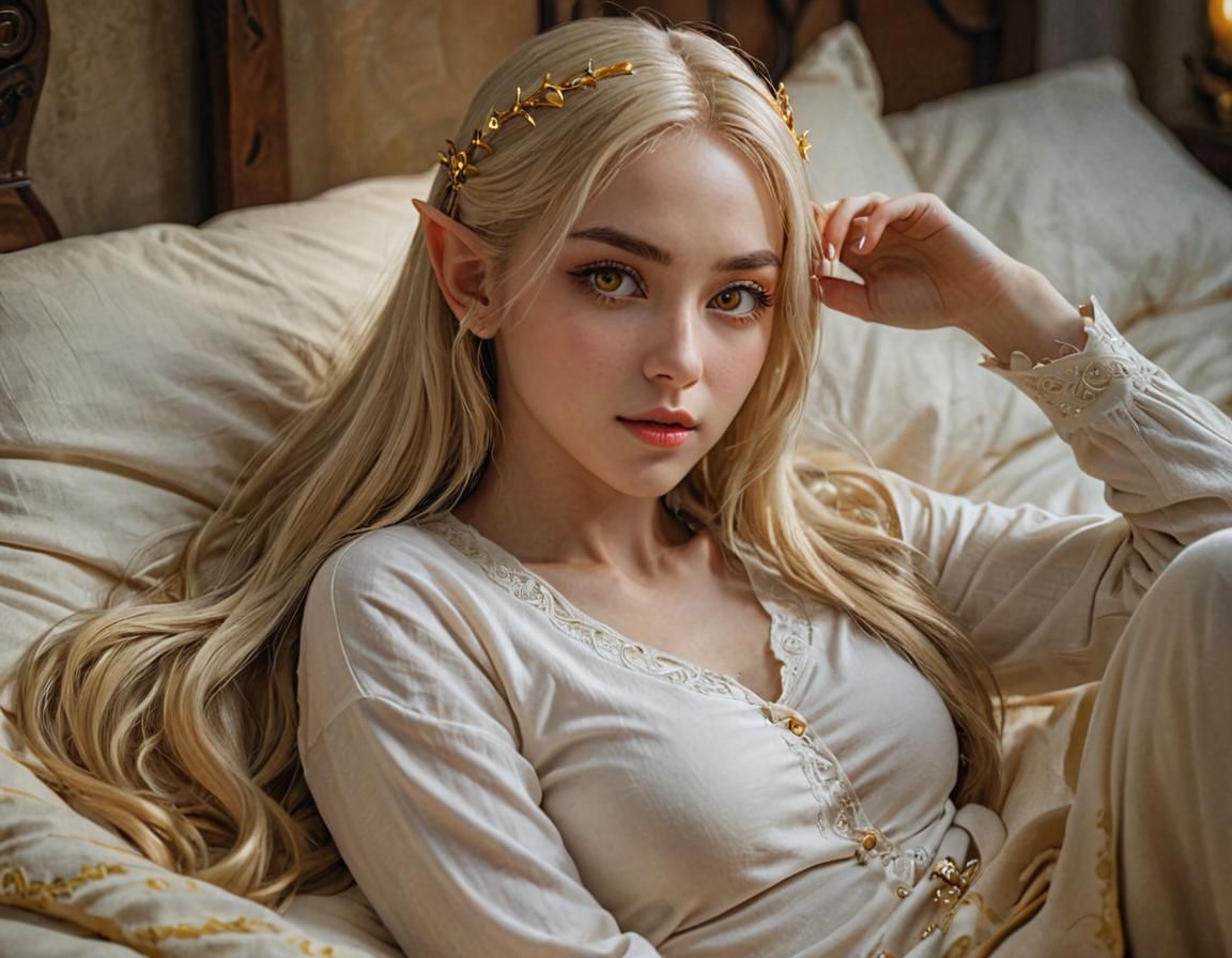 Elven Woman in Pajamas: Anime Style Portrait