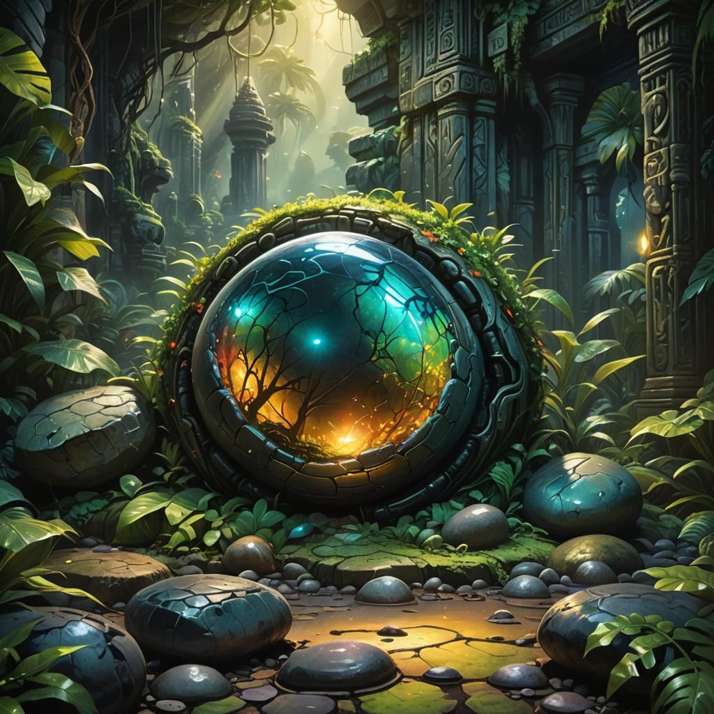 Glowing Pebble in Hawaiian Temple, Oil Painting