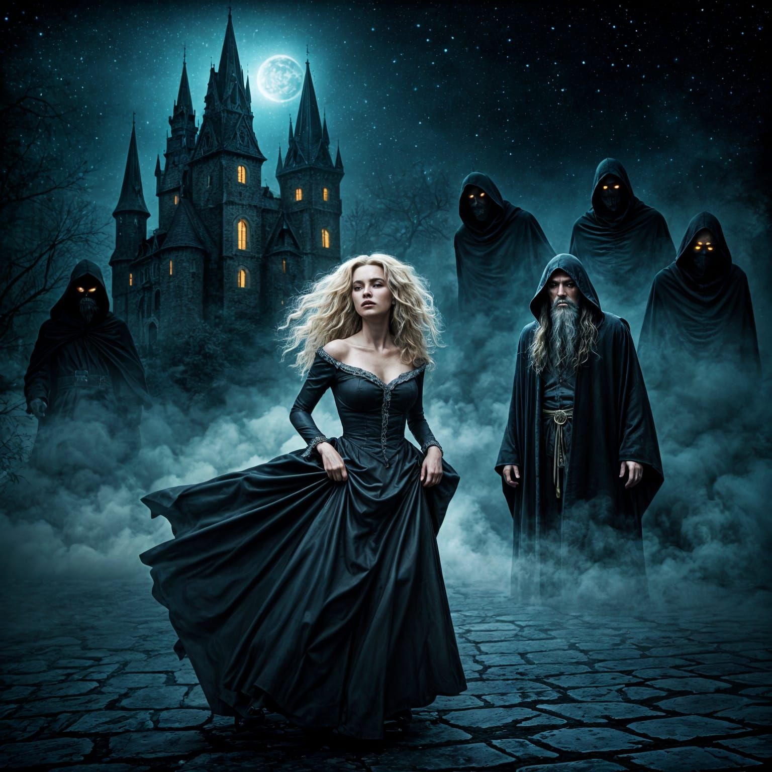Dark Fantasy Horror: Woman Flees Castle Watched by Wizard