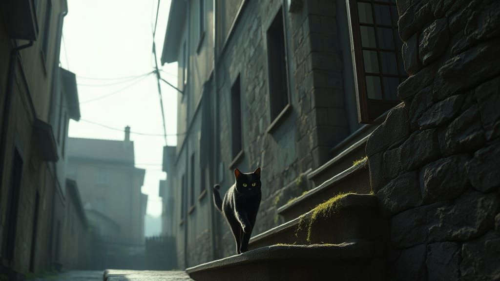 Epic Black Cat Roams Down a Crumbling Alleyway in a Fantasti...