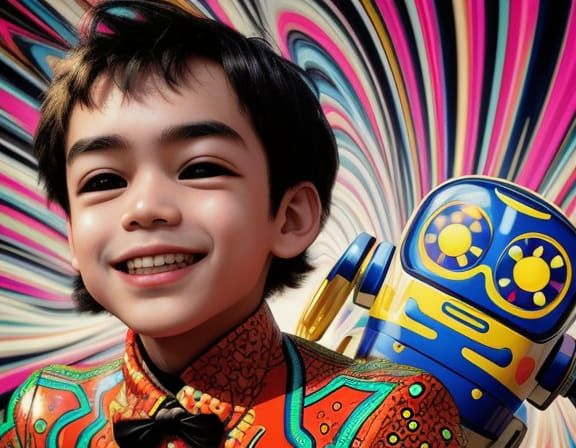 Psychedelic Pop Art: Boy with Toy Robot in Park