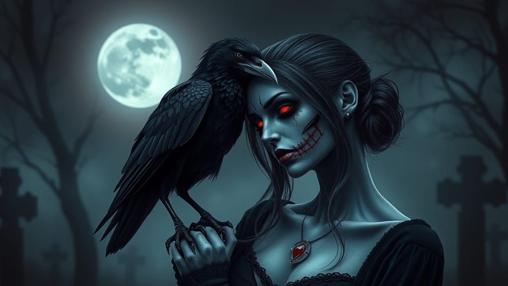 Ethereal Zombie and Raven Embrace in Dark Cemetery