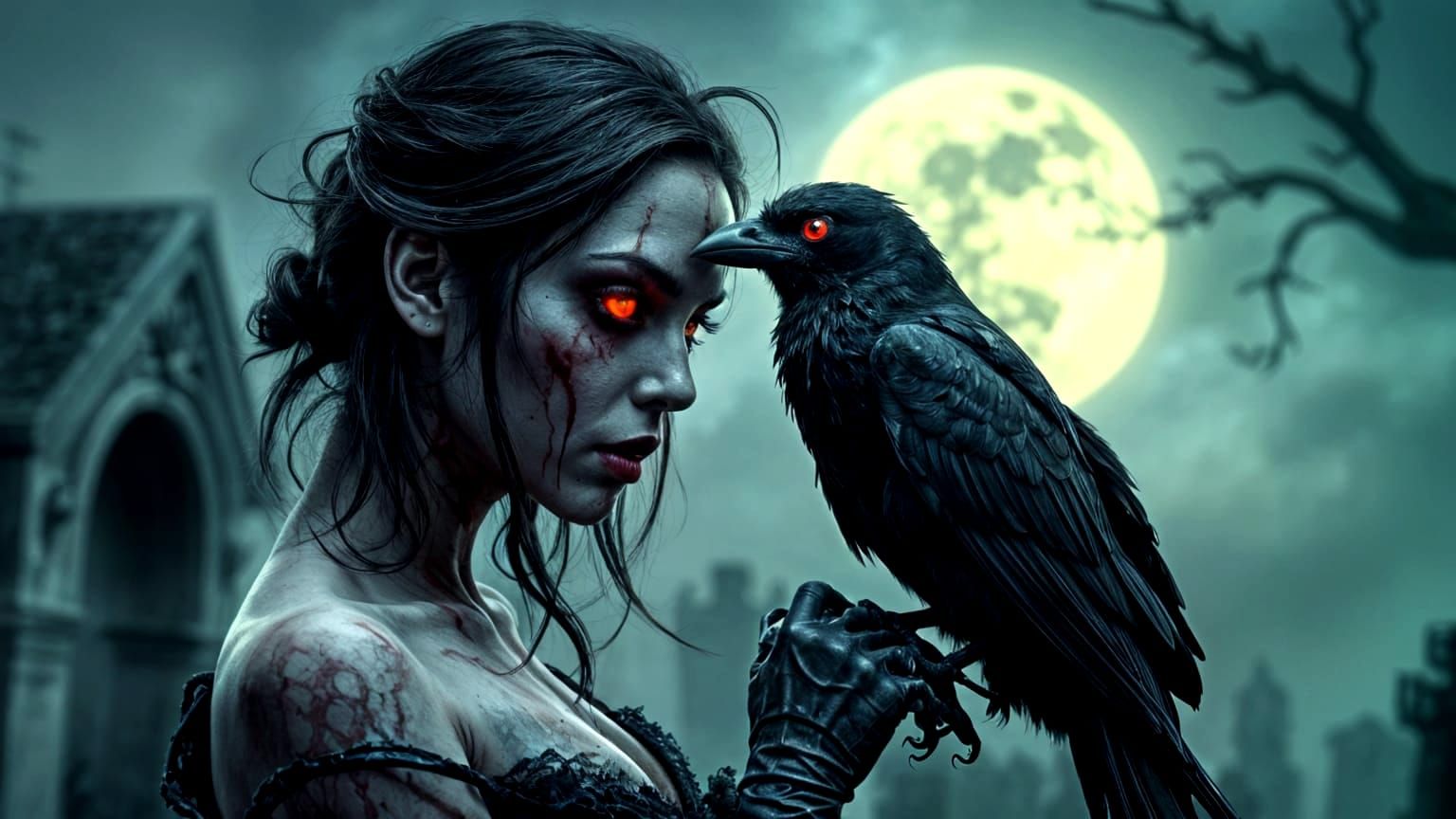 Gothic Female Zombie Shares Intimate Moment with Raven
