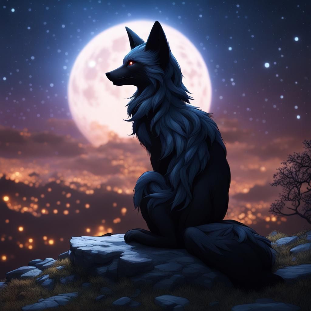 Black Kitsune Gazing at Stars: Fantasy Concept Art