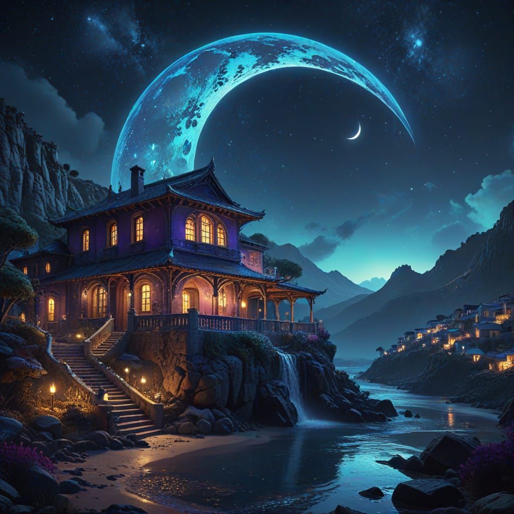 Fantasy Village Inside Ornate Crescent Moon