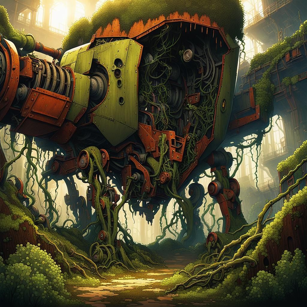 Abandoned Mech Reborn by Nature in Anime Style