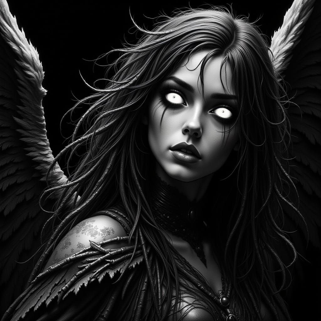 Eldritch Dark Angel in Pencil-and-Ink Style