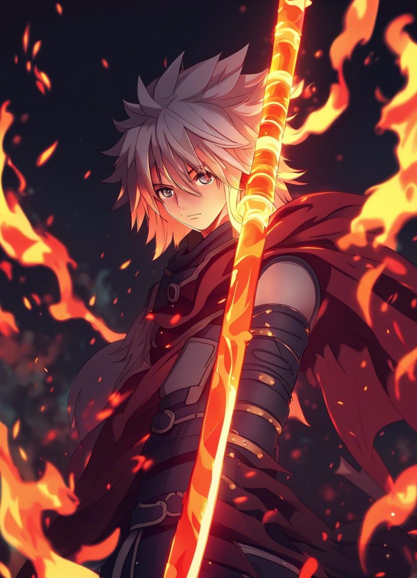 Fiery Anime Sword with Complementary Colors in 8K