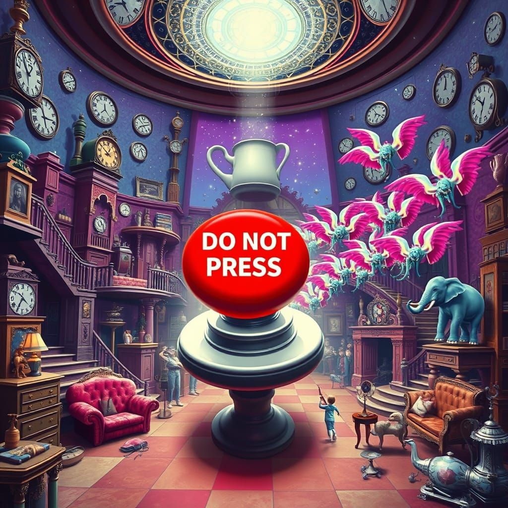 Surreal Red Button Beckons in a Whimsical, Otherworldly Room