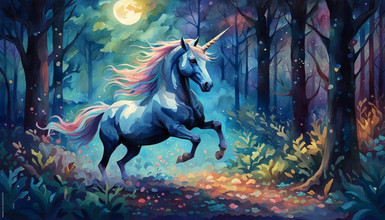 Unicorn Galloping Through Forest in Gouache Style