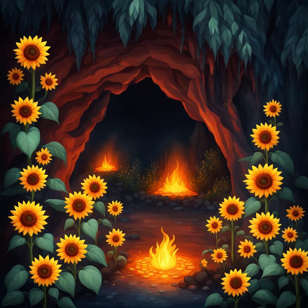 Fire Cave with Sunflowers in Fairy Forest