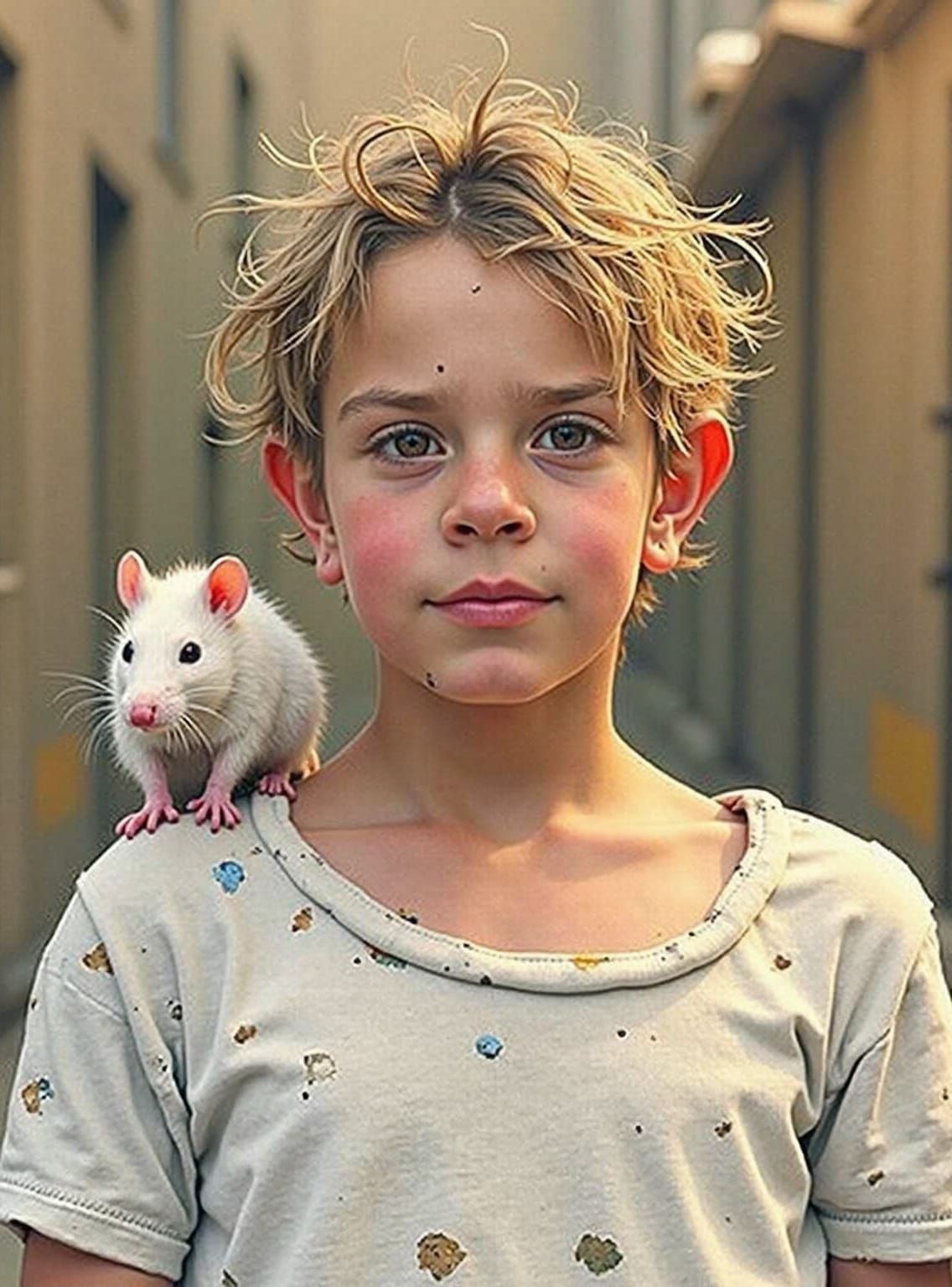 Boy and Rat in Gritty Impressionistic Style