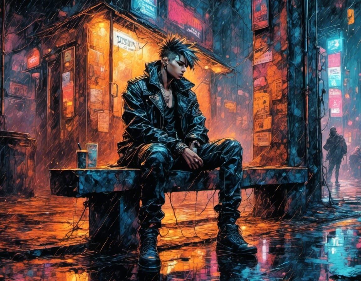 Cyberpunk Punk Smoking in Rainy Alley