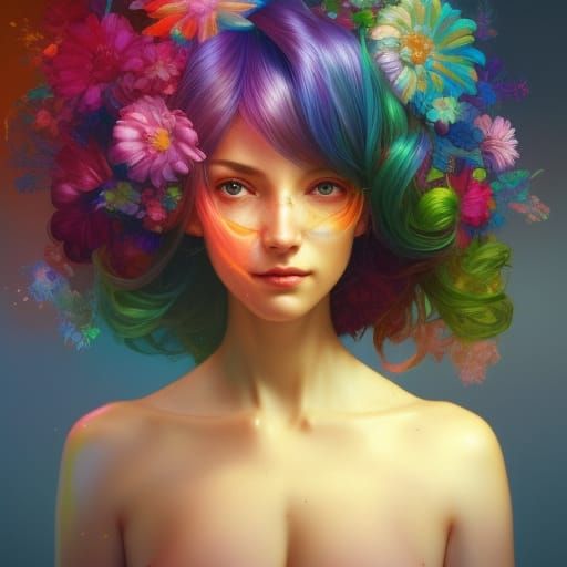 Rainbow Flowers Hair Portrait in Detailed Art Style