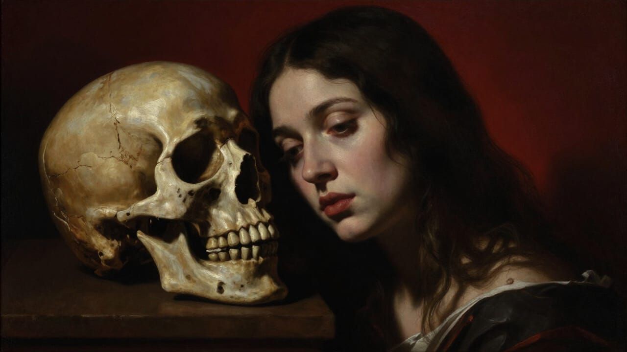 Chiaroscuro Portrait of Woman with Skull and Joint