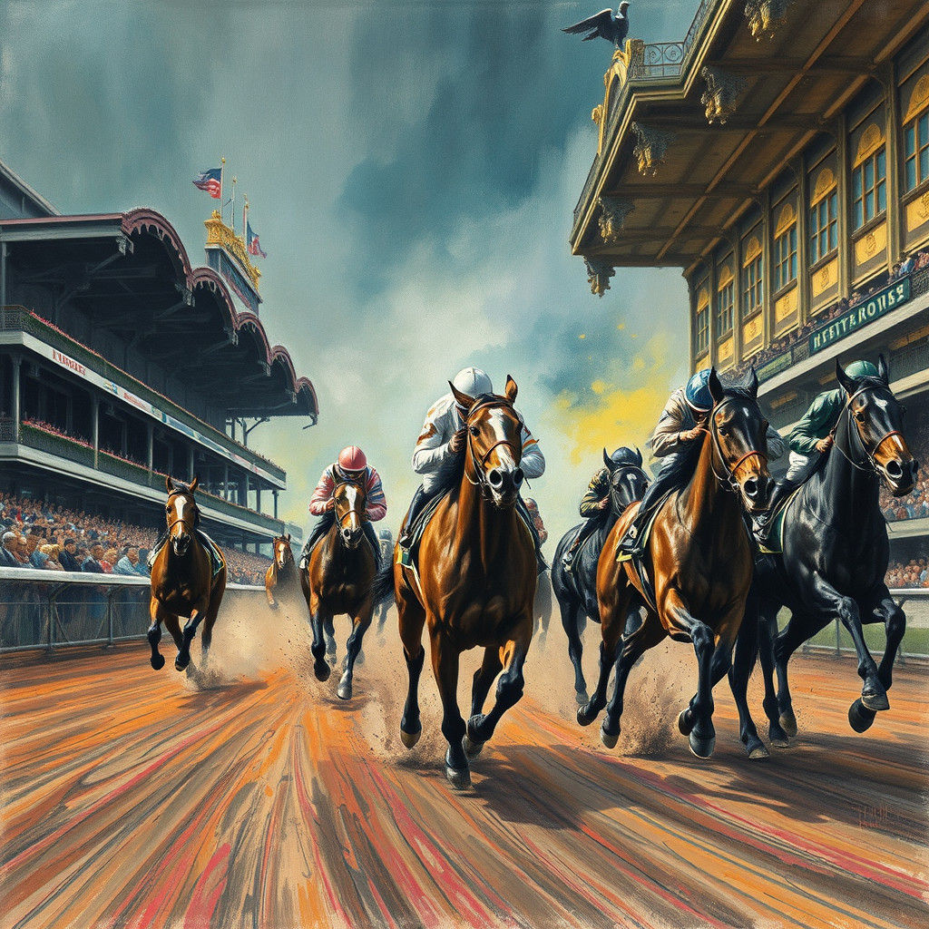 Thoroughbreds Race at Ornate Stadium: Charcoal Drawing