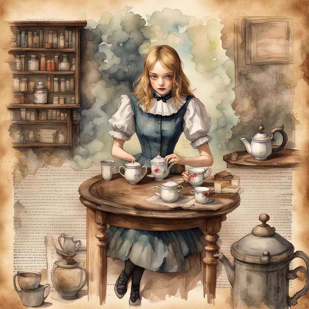 Alice in Wonderland Tea Party, Vintage Watercolor Diorama