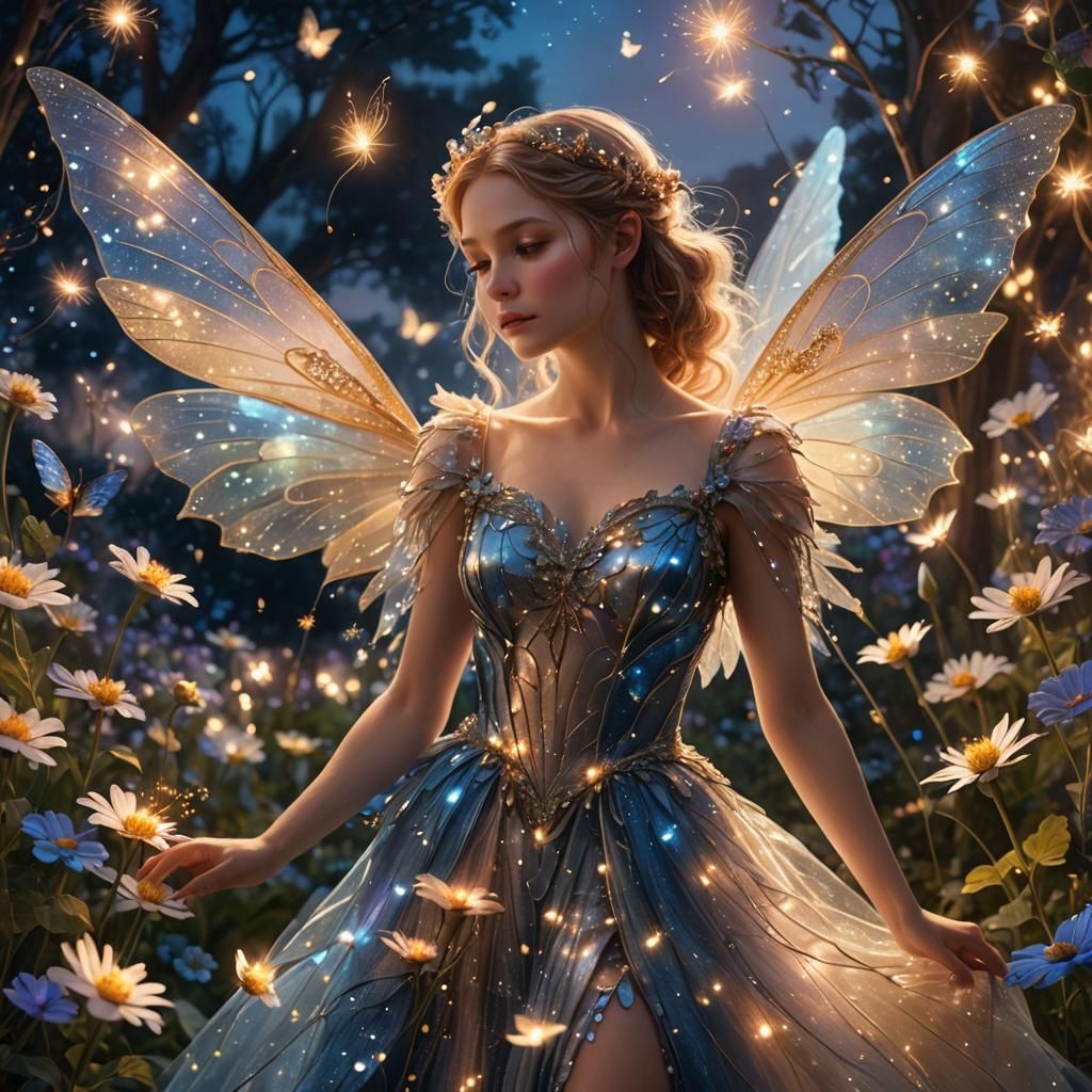 Enchanting Fairy in Flower Garden at Dusk