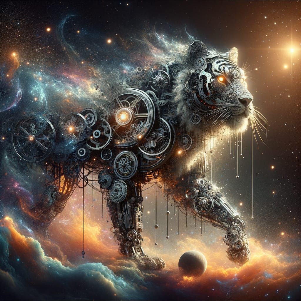 Mechanical Tiger in Cosmic Nebula, Concept Art Style