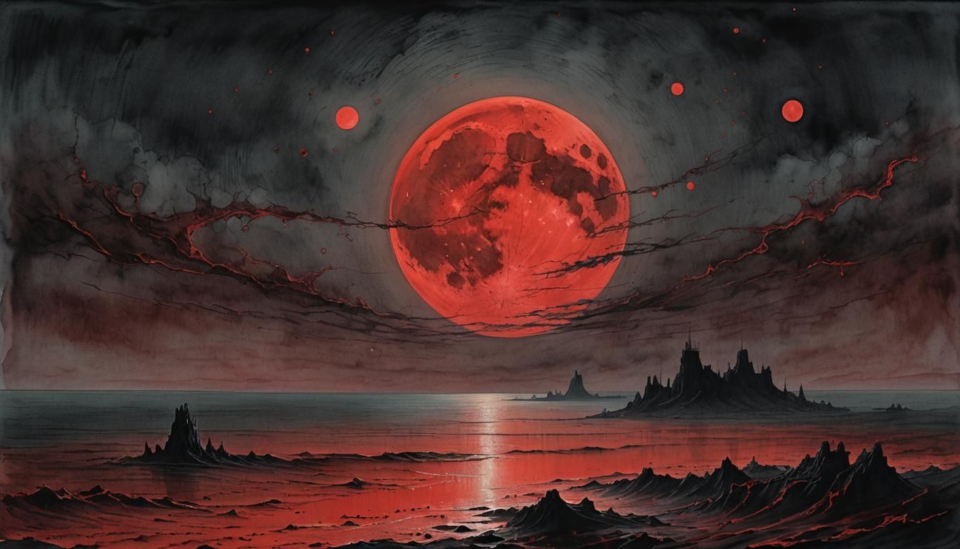 Blood Moon Over Sinister Crimson Ocean