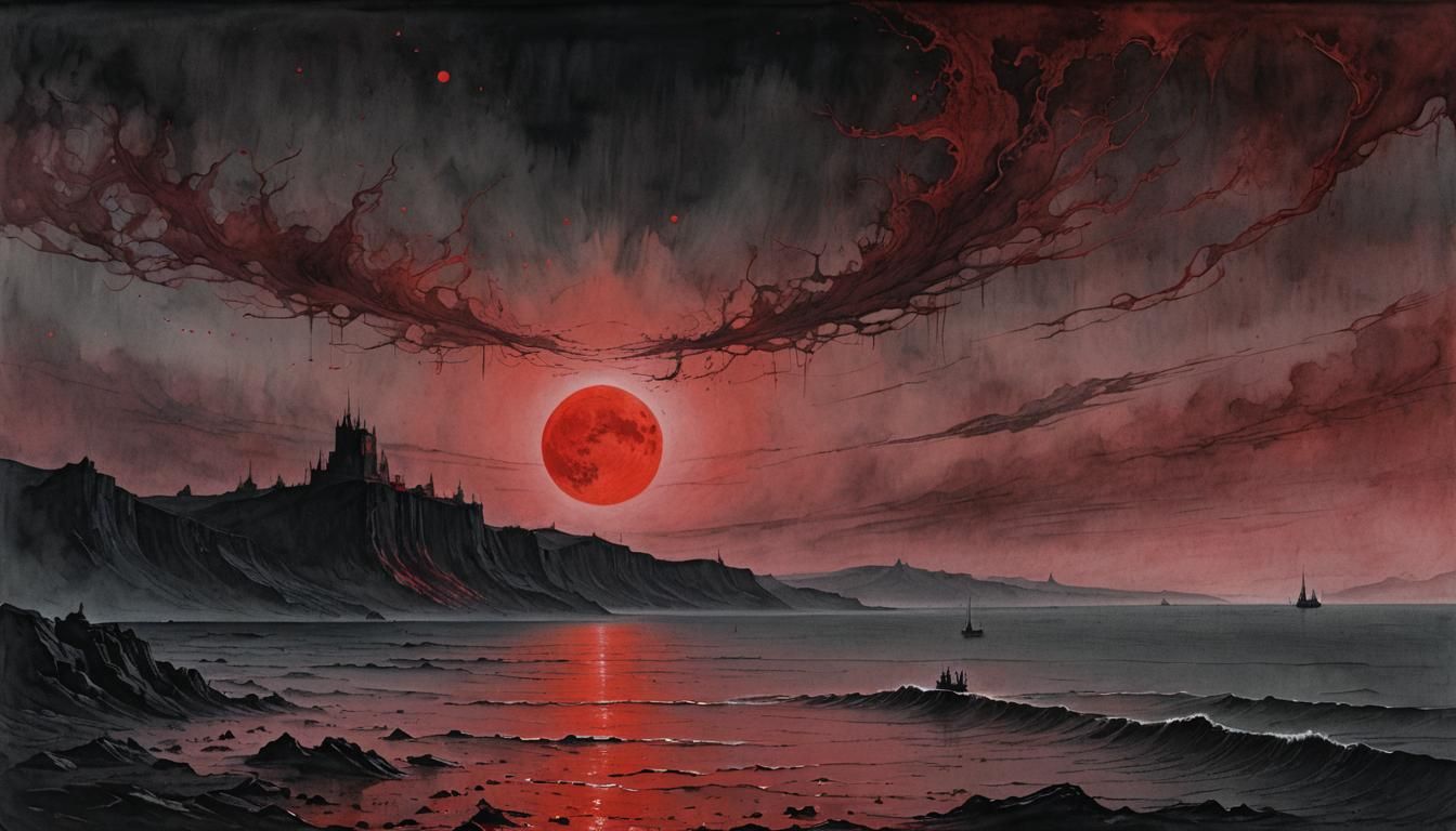 Ominous Crimson Moon over Blood Ocean
