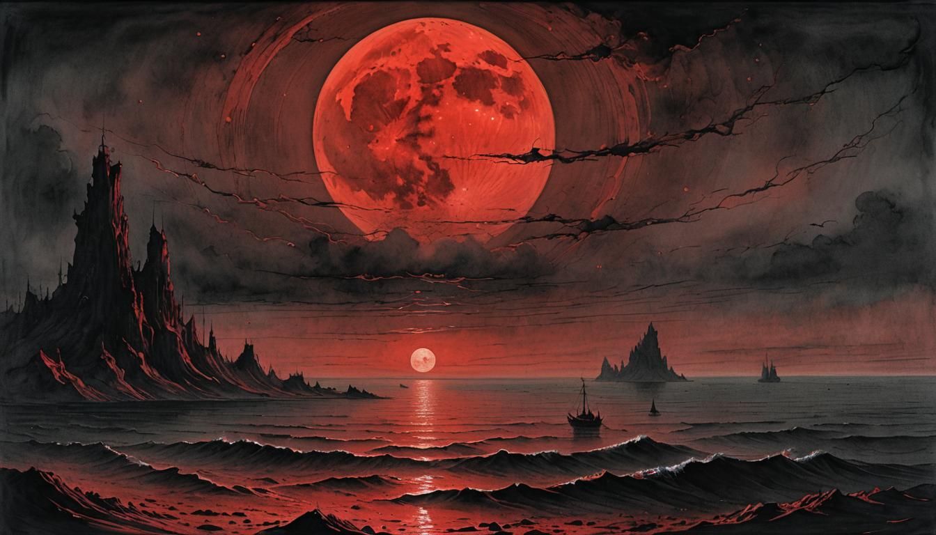 Sinister Crimson Moon over Blood Ocean Watercolor