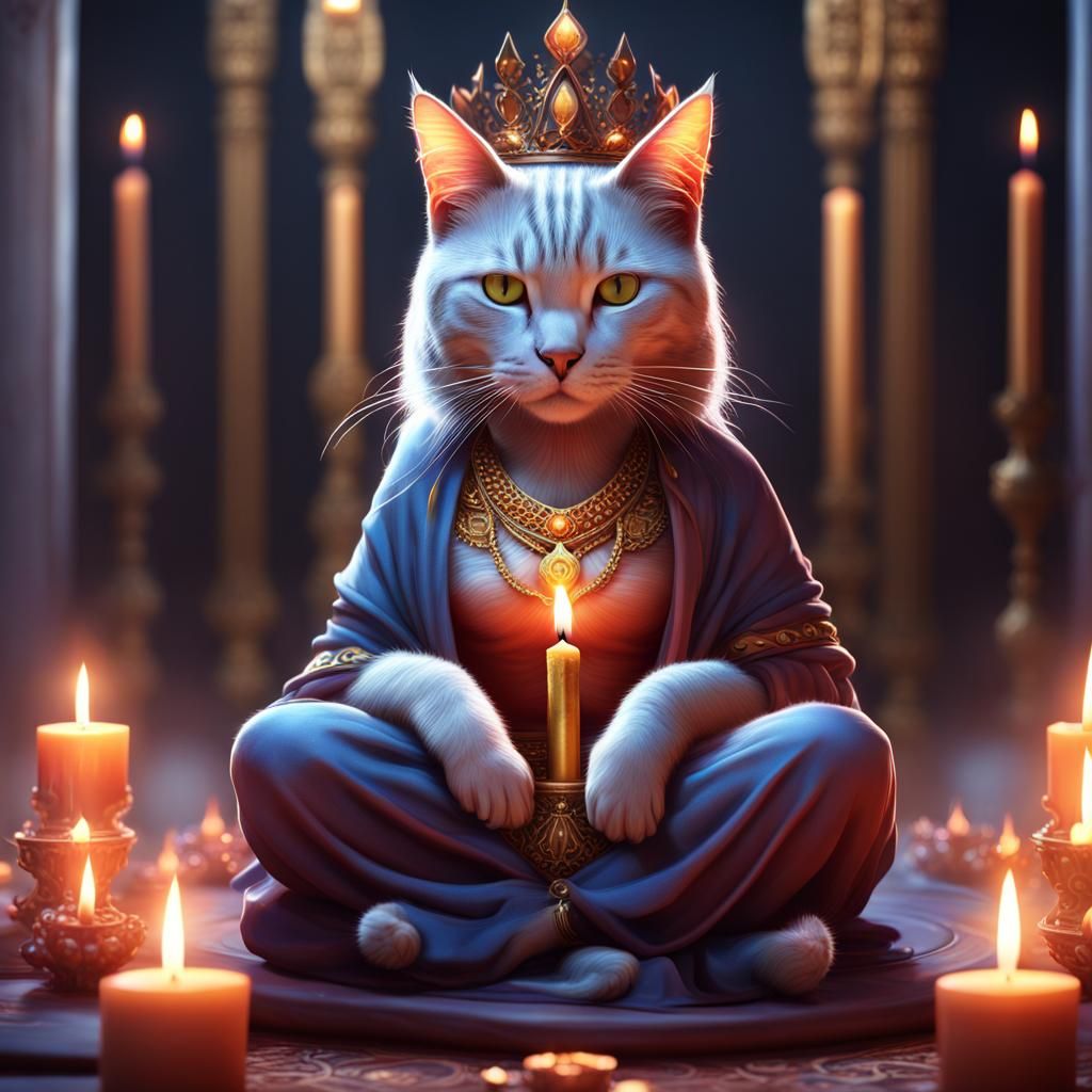 Princess Cat Meditating by Candlelight: Fantasy Art