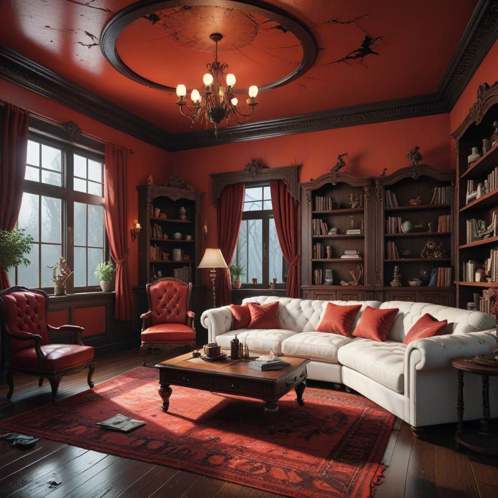 Macabre Opulence: Chalk Outlined Victim in Sumptuous Living...