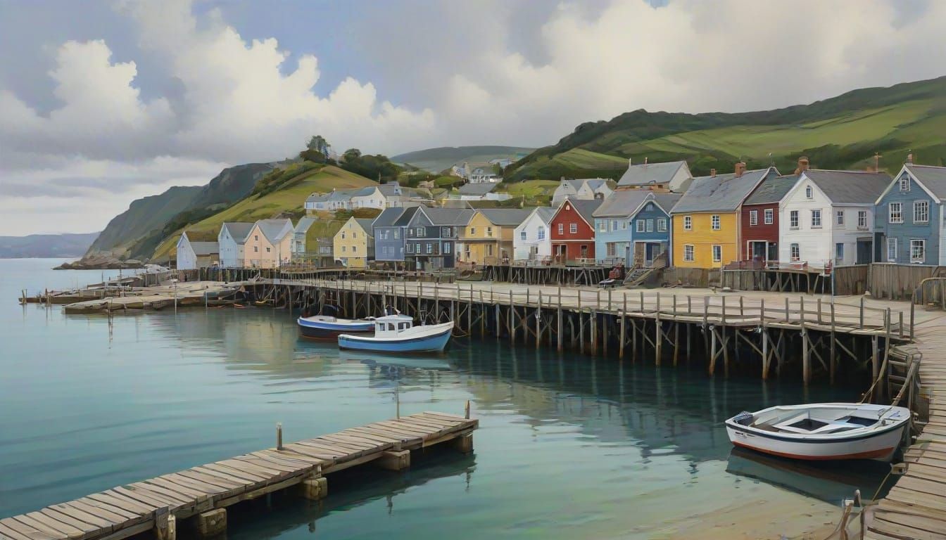 Gouache Painting Of A Quaint Fishing Village Harbour