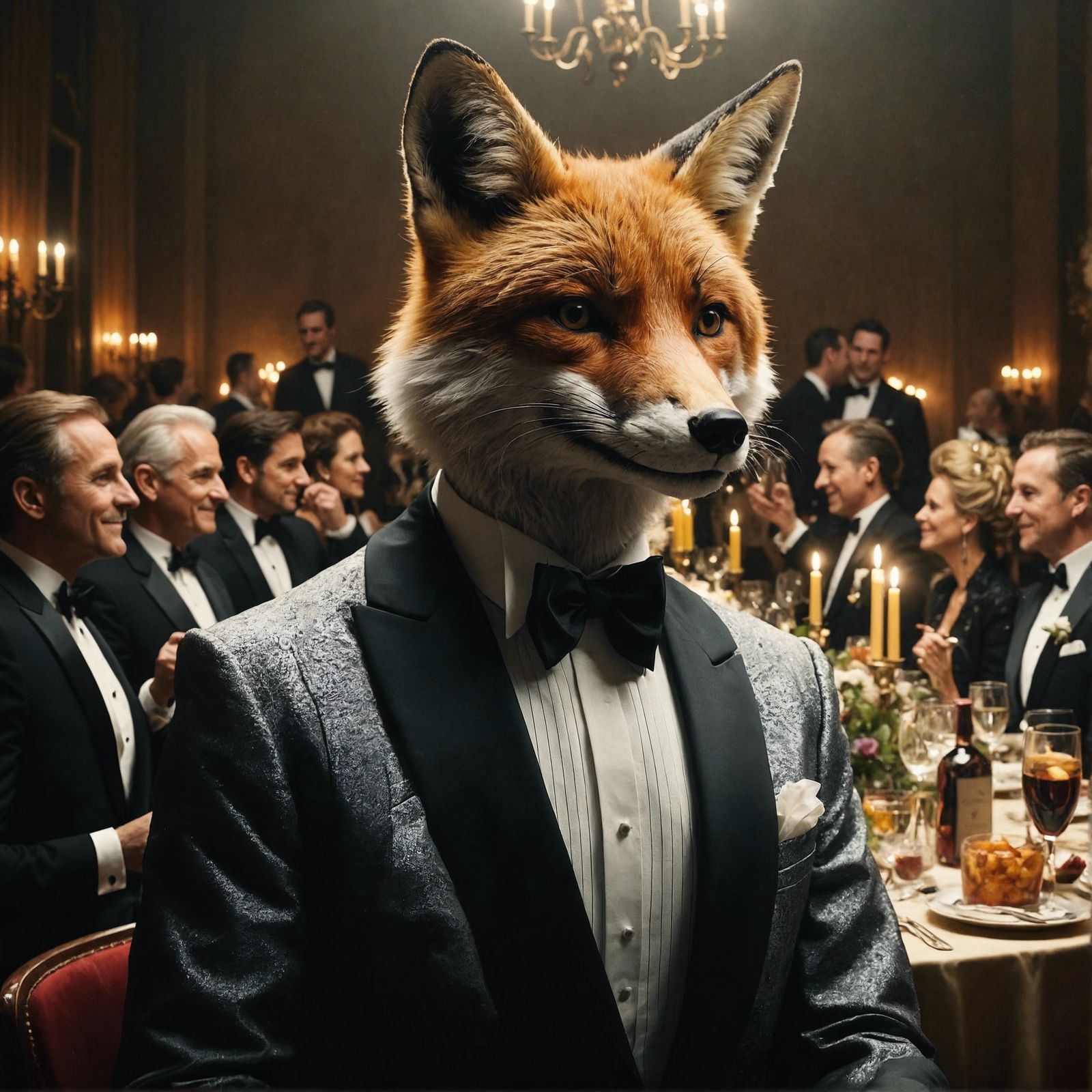 Anthropomorphic Fox in Tuxedo at Dinner Party