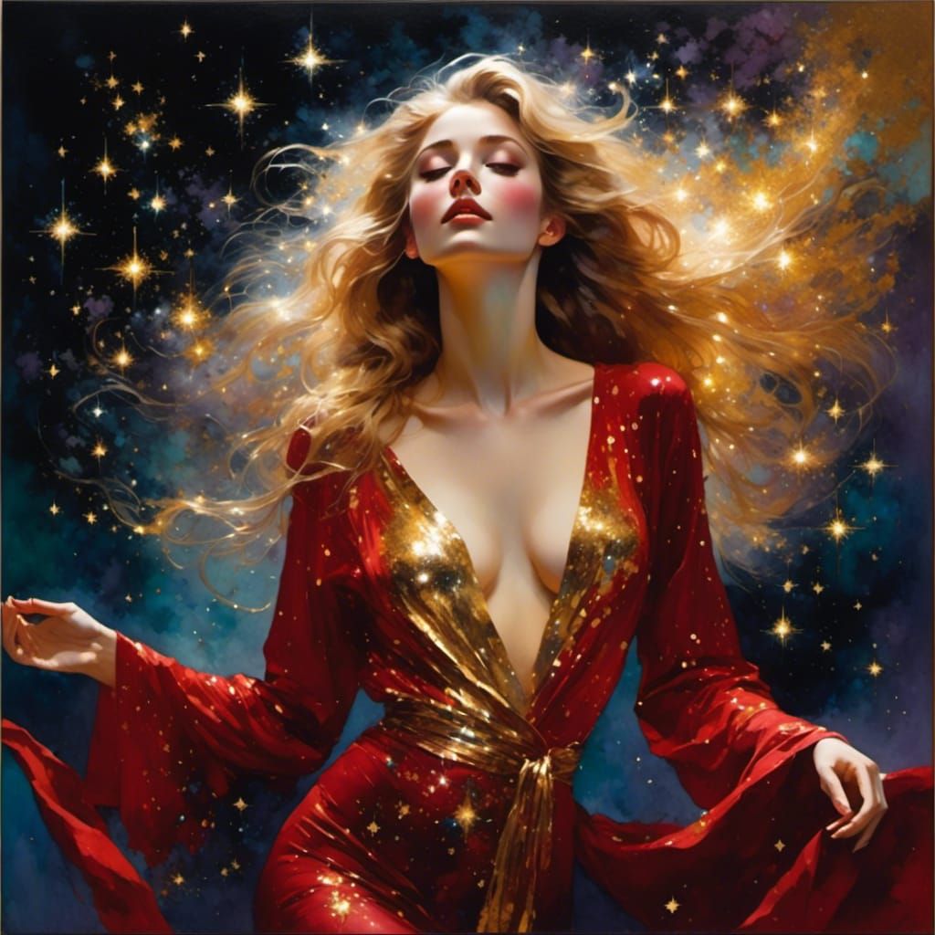 Sparkling Blond Woman in Dark Watercolor Portrait