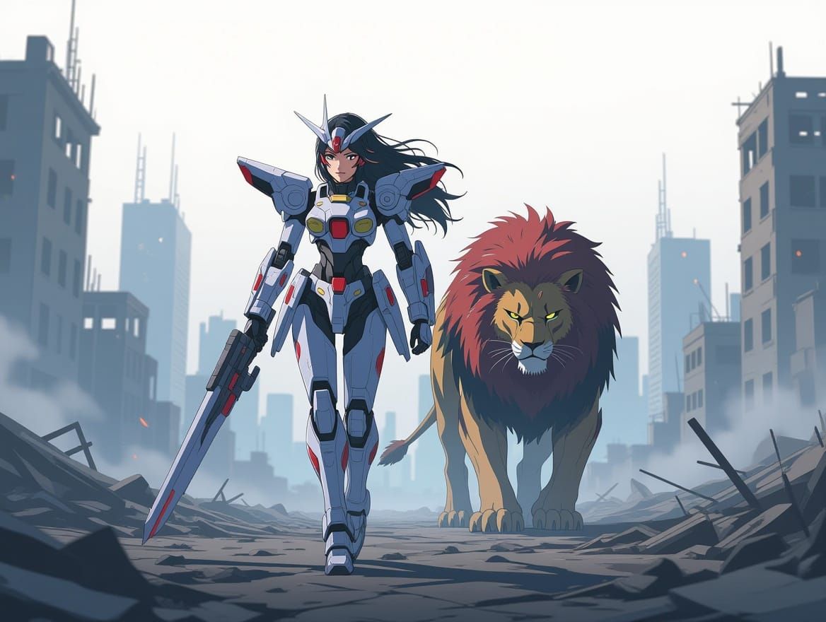 Cyborg Warrior and Mecha Lion in Anime Style