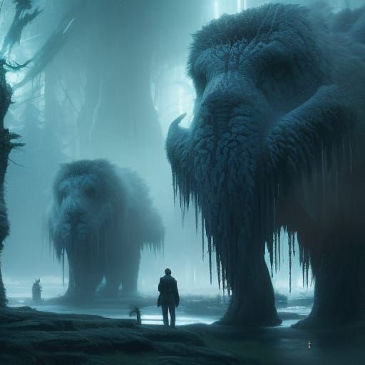 Epic Blue Yetis Under Moonlight: Digital Matte Painting