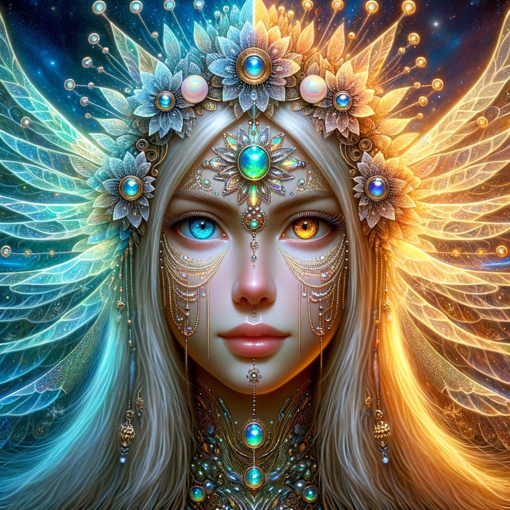 Surrealistic Portrait of a Hispanic Girl with Iridescent Win...