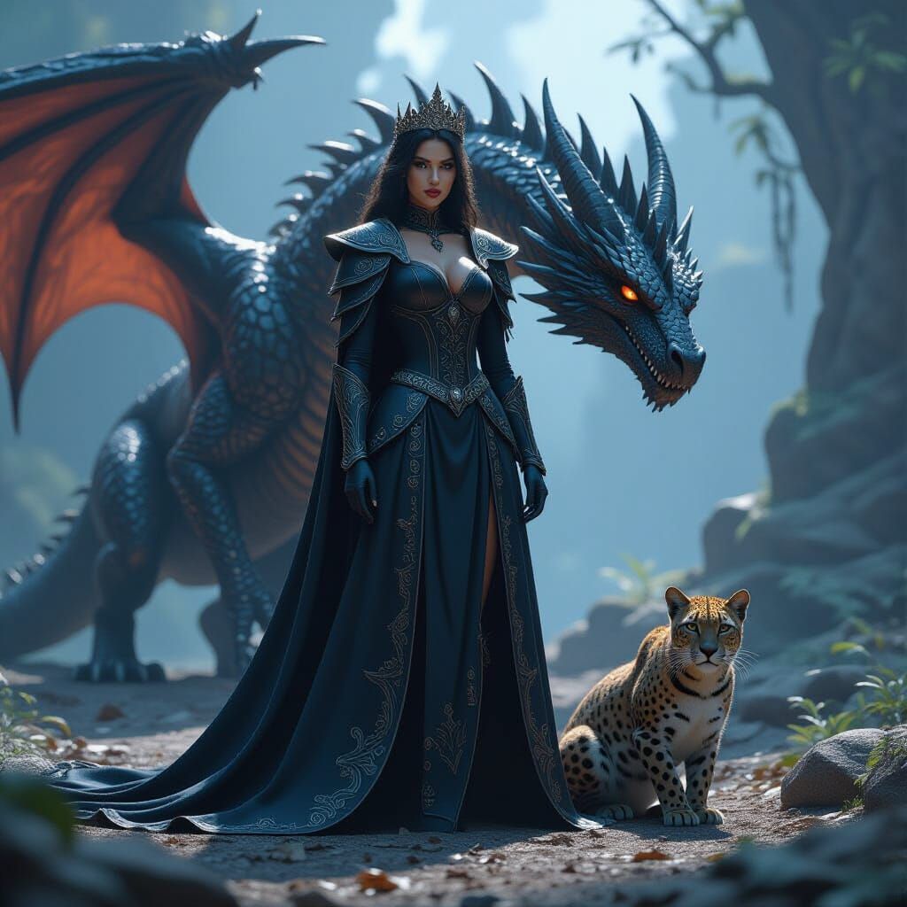 Dark Princess with Dragon and Leopard in Epic 3D Style
