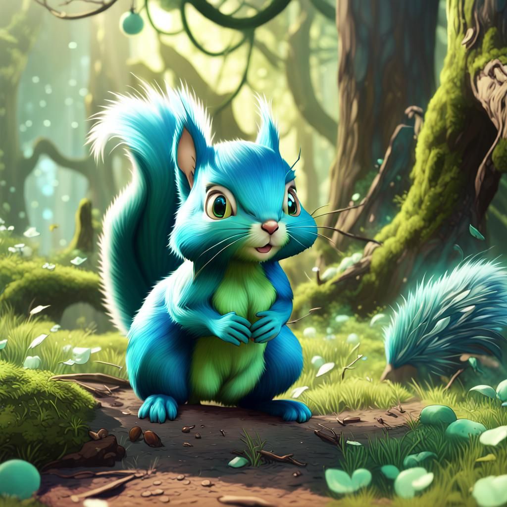 Anime Green and Blue Squirrel Fantasy Art