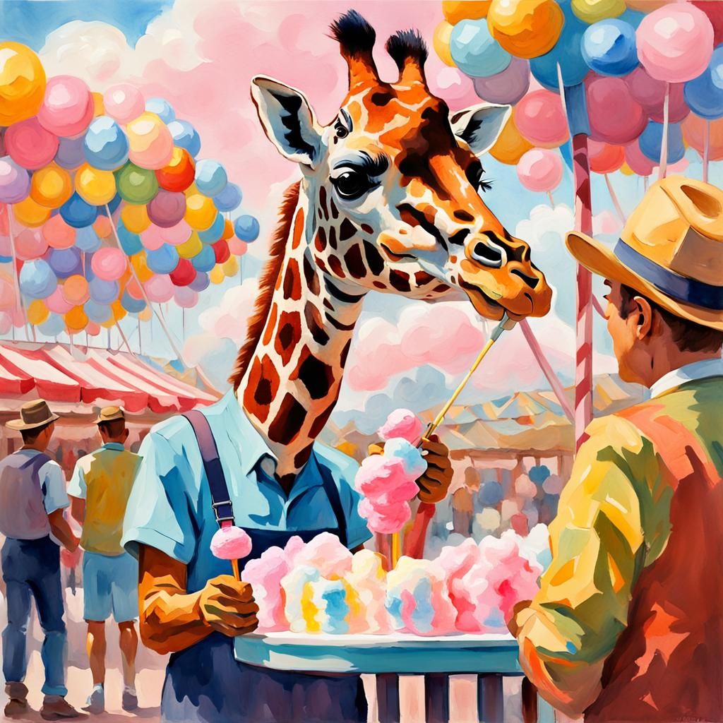 Giraffe Enjoys Cotton Candy: Gouache Style Fair