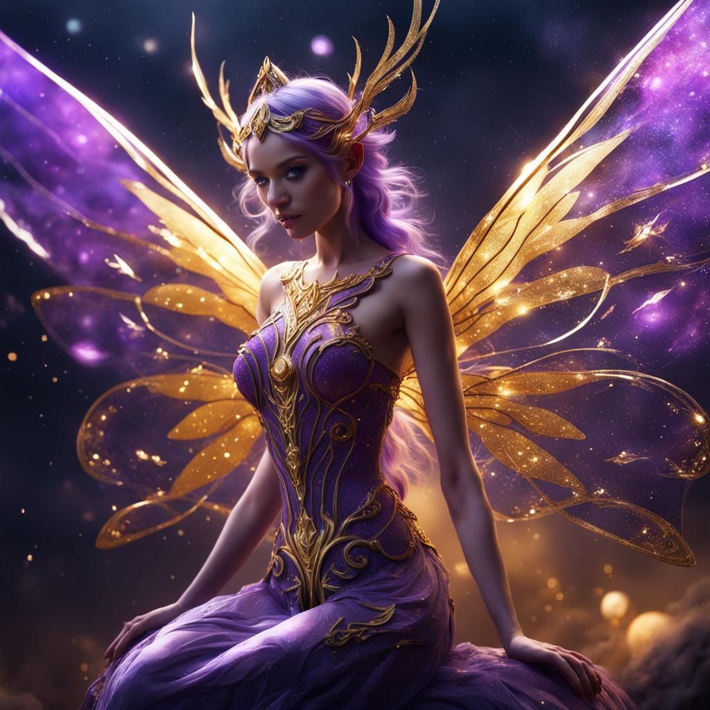 Shining Galaxy Fairy with Diamond Wings in Gold and Purple