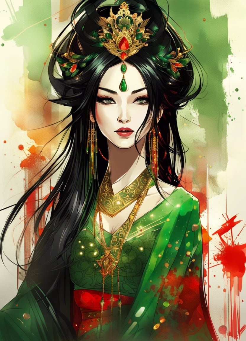 Beautiful Oriental Empress with Gold Tiara in 3D Anime Style