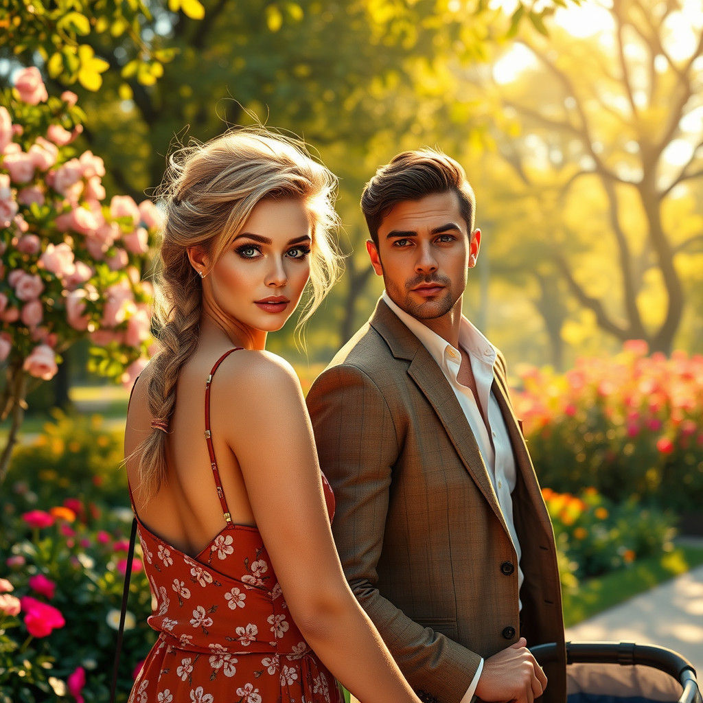 Woman and Man in Sunny Park, Matte Painting Style