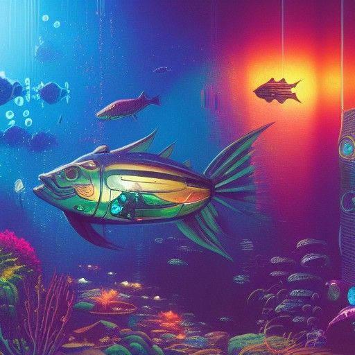 Robot Fish in Magical Sea: Cyberpunk Astral Illustration