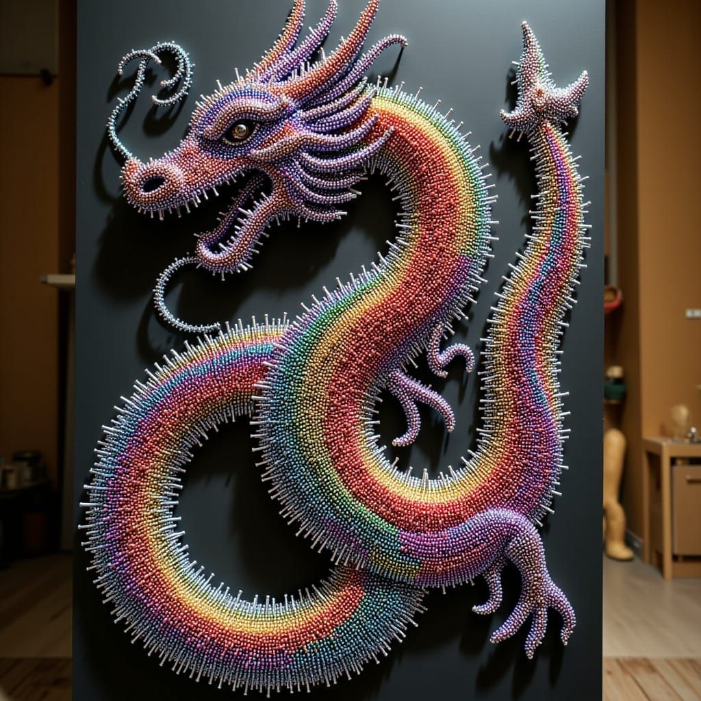 Dragon Mosaic of Colorful Pins on Pinboard