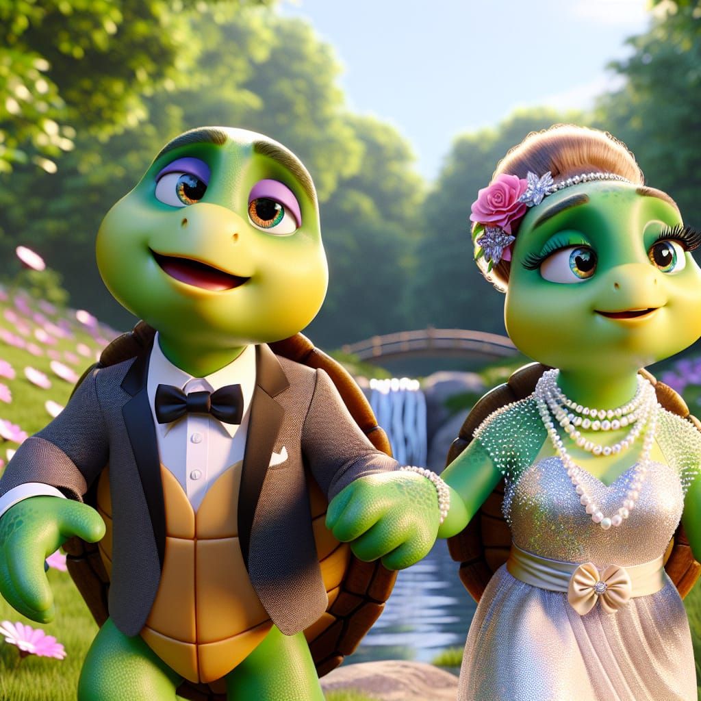 Disney Pixar style 3D adorable male turtle, wearing a bow ti...