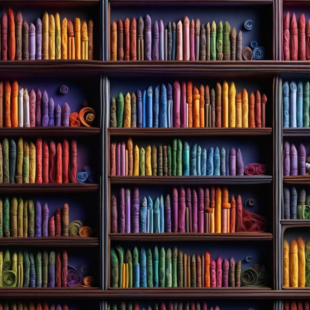 A quilled bookshelf filled with tiny quilled books of variou...